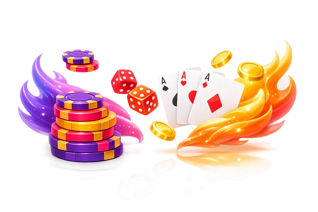 Glossy 3D render of floating gaming elements with poker chips, cards, and gold coins for Buffalo Spins.